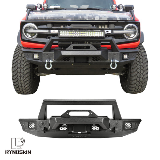 RYNOSKIN Front Bumper for 2021-2025 Ford Bronco Heavy Duty Off-Road Front Bumper Guard with Winch Bracket Work with OE ACC & Parking Sensors Can Add LED Lights Heavy Textured Black Powder Finish