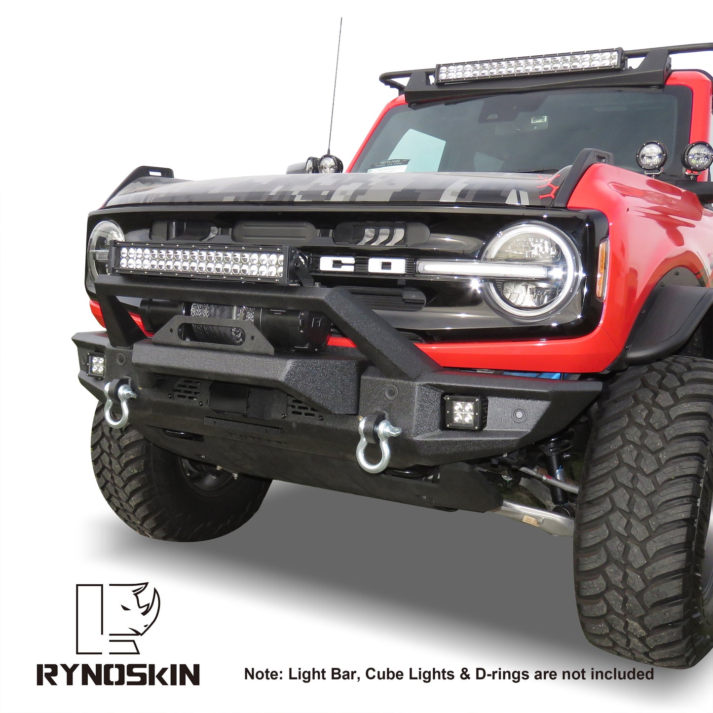 RYNOSKIN Front Bumper for 2021-2023 Ford Bronco Heavy Duty Off-Road Front Bumper Guard with Winch Bracket Work with OE ACC & Parking Sensors Can Add LED Lights Heavy Textured Black Powder Finish