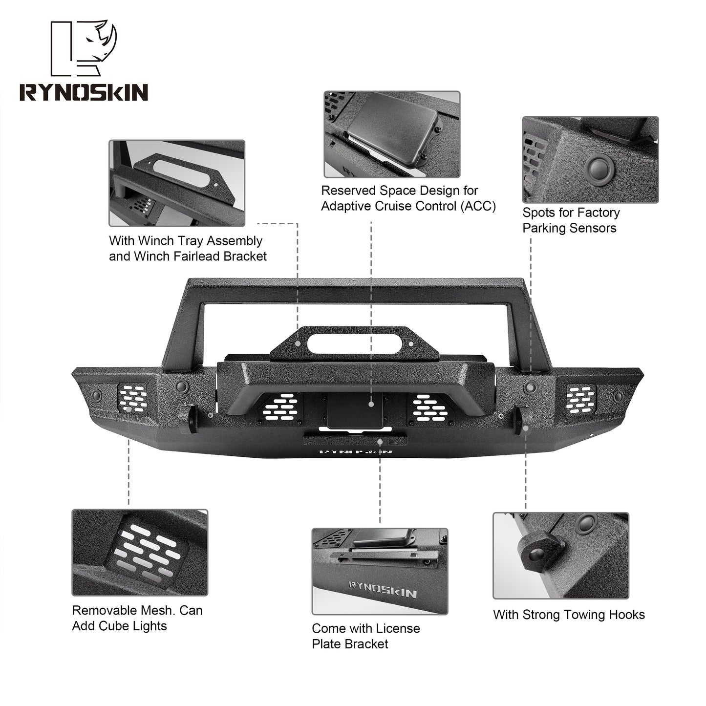 RYNOSKIN Front Bumper for 2021-2023 Ford Bronco Heavy Duty Off-Road Front Bumper Guard with Winch Bracket Work with OE ACC & Parking Sensors Can Add LED Lights Heavy Textured Black Powder Finish