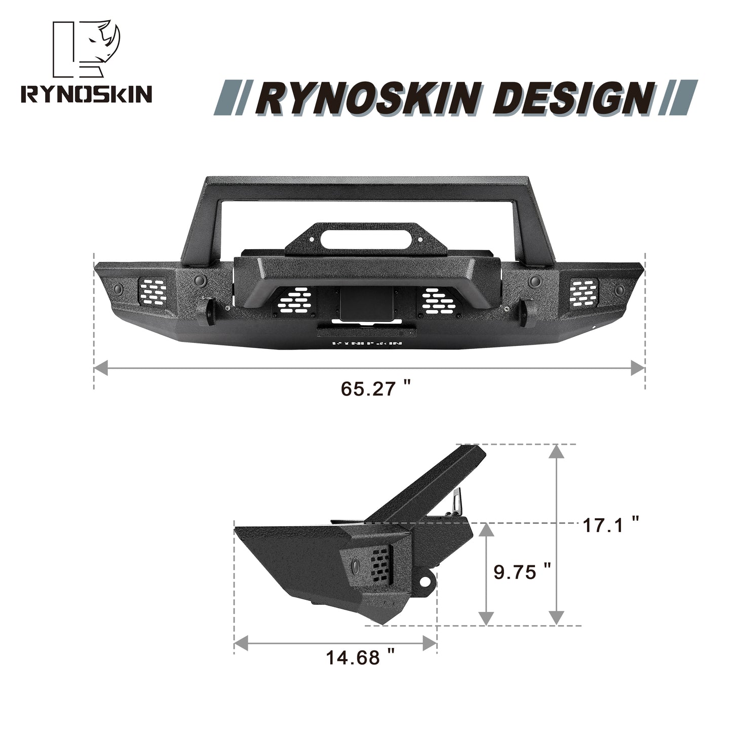 RYNOSKIN Front Bumper for 2021-2023 Ford Bronco Heavy Duty Off-Road Front Bumper Guard with Winch Bracket Work with OE ACC & Parking Sensors Can Add LED Lights Heavy Textured Black Powder Finish