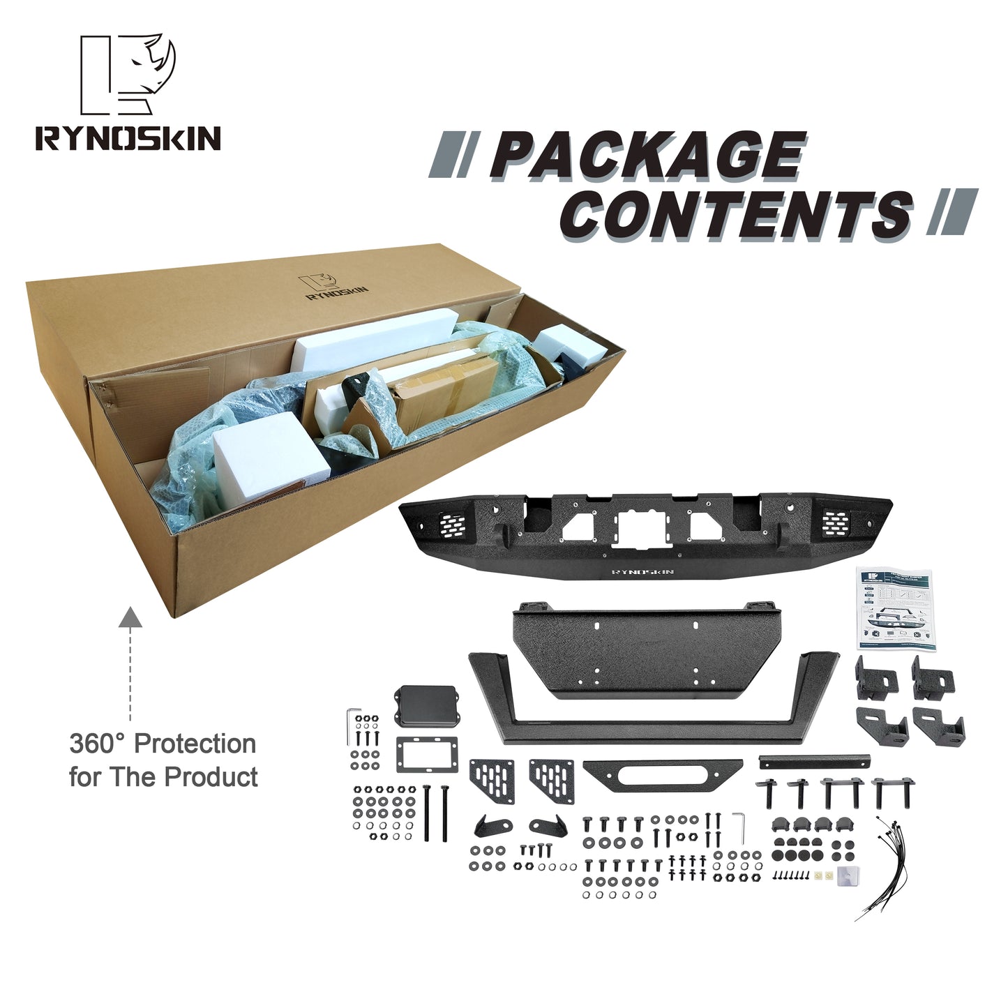 RYNOSKIN Front Bumper for 2021-2025 Ford Bronco Heavy Duty Off-Road Front Bumper Guard with Winch Bracket Work with OE ACC & Parking Sensors Can Add LED Lights Heavy Textured Black Powder Finish