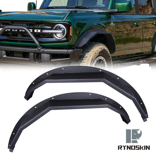 RYNOSKIN Front Fender Flares Compatible with 2021-2025 Ford Bronco 2 Door & 4 Door Heavy Duty Carbon Steel Off-Road Flat Wheel Fenders Heavy Textured Black Side Protections (Only for Front Wheel 2PCS)