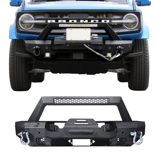 RYNOSKIN Front Bumper Compatible with 2021-2025 Ford Bronco Heavy Duty Off-Road Bull Bar Heavy Textured Black Armor with D-rings & Winch Frame Work with OE ACC and Parking Sensors Can Add LED Lights