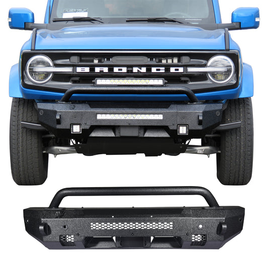 RYNOSKIN Front Bumper Compatible with 2021-2025 Ford Bronco Heavy Duty Off-Road Bull Bar Heavy Textured Black Armor Brush Guard Work with OE ACC and Parking Sensors Can Add LED Lights