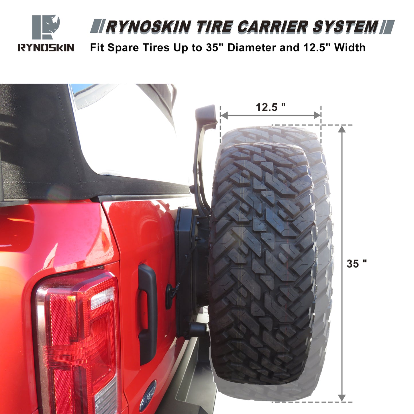 RYNOSKIN Spare Tire Carrier Compatible with Ford Bronco 2021-2025 Heavy Duty Tailgate Wheel Bracket Relocation Allows Use of 35 inch Spare Tire Heavy Textured Black