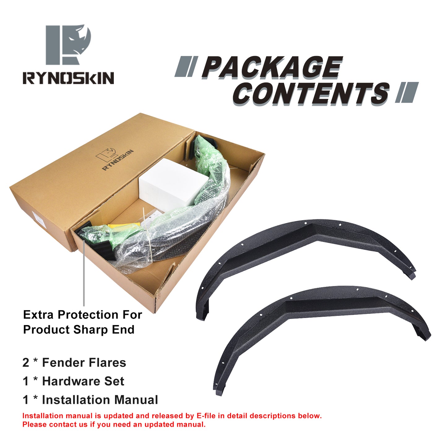 RYNOSKIN Front Fender Flares Compatible with 2021-2025 Ford Bronco 2 Door & 4 Door Heavy Duty Carbon Steel Off-Road Flat Wheel Fenders Heavy Textured Black Side Protections (Only for Front Wheel 2PCS)