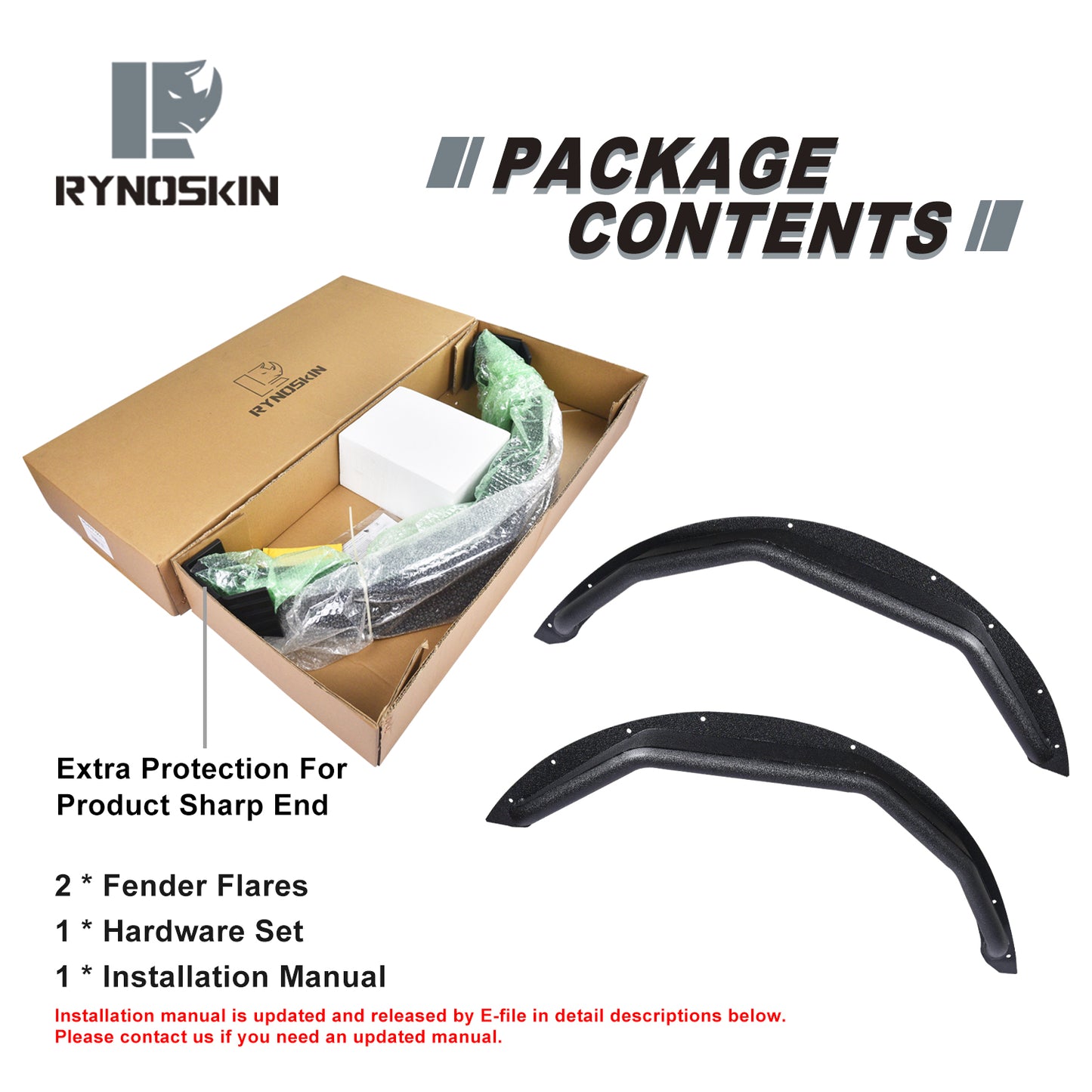 RYNOSKIN Front Fender Flares Compatible with 2021-2025 Ford Bronco 2 Door & 4 Door Heavy Duty Off-Road Tubular Wheel Fenders Heavy Textured Black Side Protections (Only for Front Wheel 2PCS)