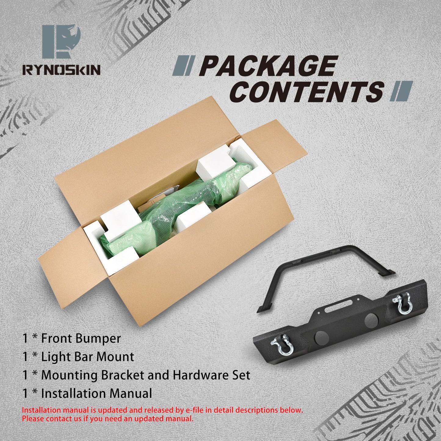 RYNOSKIN Stubby Front Bumper fit for 2018-2025 Wrangler JL|2021-2022 Wrangler JL 4xe(Excl. Rubicon Model/plug-in hybrid models/2021-2024 V8 engine)|2007-2018 Wrangler JK|2020-2024 Gladiator(Excl. Rubicon Model/Mojave trim)