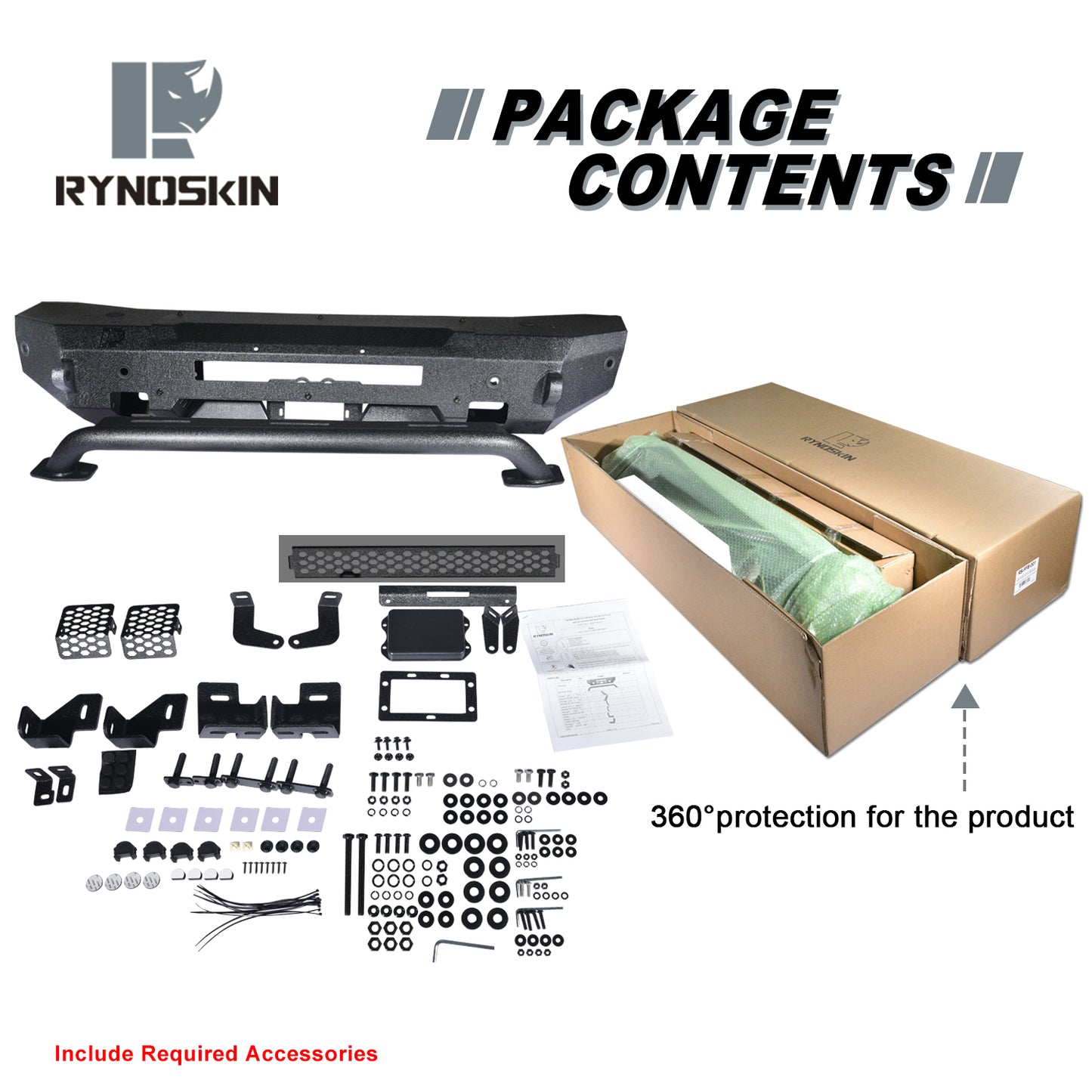 RYNOSKIN Front Bumper Compatible with 2021-2025 Ford Bronco Heavy Duty Off-Road Bull Bar Heavy Textured Black Armor Brush Guard Work with OE ACC and Parking Sensors Can Add LED Lights