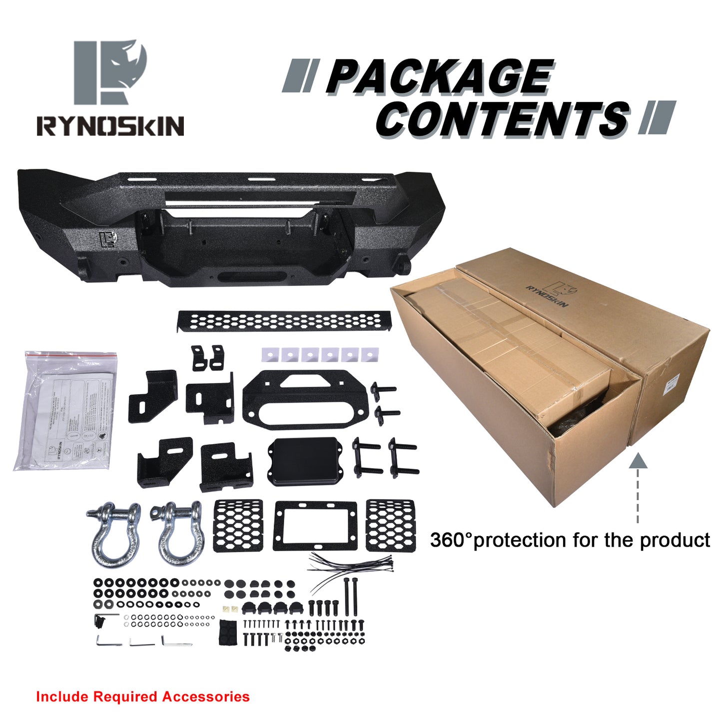 RYNOSKIN Front Bumper Compatible with 2021-2025 Ford Bronco Heavy Duty Off-Road Bull Bar Heavy Textured Black Armor with D-rings & Winch Frame Work with OE ACC and Parking Sensors Can Add LED Lights