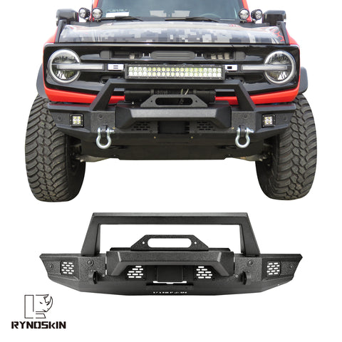 RYNOSKIN Front Bumper for 2021-2024 Ford Bronco Heavy Duty Off-Road Front Bumper Guard with Winch Bracket Work with OE ACC & Parking Sensors Can Add LED Lights Heavy Textured Black Powder Finish