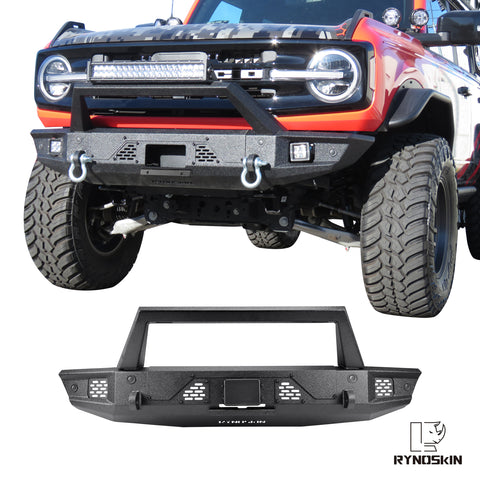 RYNOSKIN Front Bumper Fit 2021-2024 Ford Bronco Off-Road All Steel Bronco Front Bumper Guard Can Add LED Light & D-Rings Heavy Texture Black Powder Finish