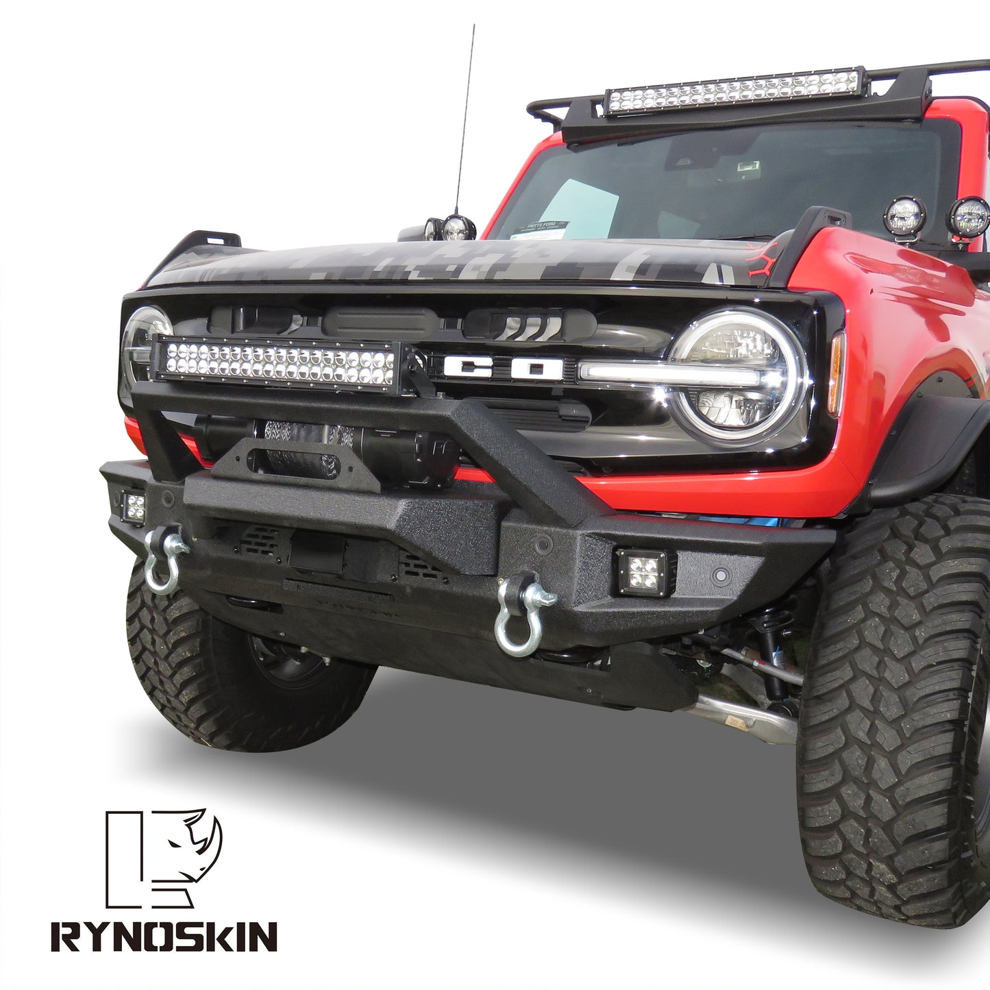 RYNOSKIN Front Bumper for 2021-2023 Ford Bronco Heavy Duty Off-Road Front Bumper Guard with Winch Bracket Work with OE ACC & Parking Sensors Can Add LED Lights Heavy Textured Black Powder Finish