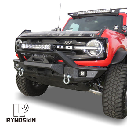 RYNOSKIN Front Bumper for 2021-2023 Ford Bronco Heavy Duty Off-Road Front Bumper Guard with Winch Bracket Work with OE ACC & Parking Sensors Can Add LED Lights Heavy Textured Black Powder Finish
