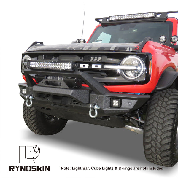 RYNOSKIN Front Bumper for 2021-2024 Ford Bronco Heavy Duty Off-Road Front Bumper Guard with Winch Bracket Work with OE ACC & Parking Sensors Can Add LED Lights Heavy Textured Black Powder Finish