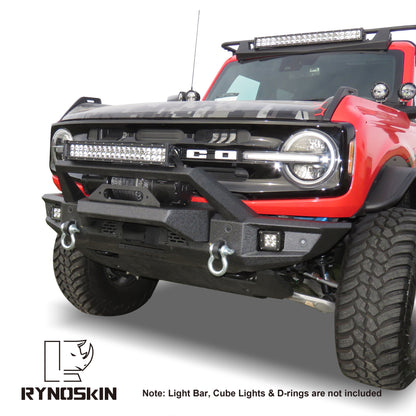 RYNOSKIN Front Bumper for 2021-2023 Ford Bronco Heavy Duty Off-Road Front Bumper Guard with Winch Bracket Work with OE ACC & Parking Sensors Can Add LED Lights Heavy Textured Black Powder Finish