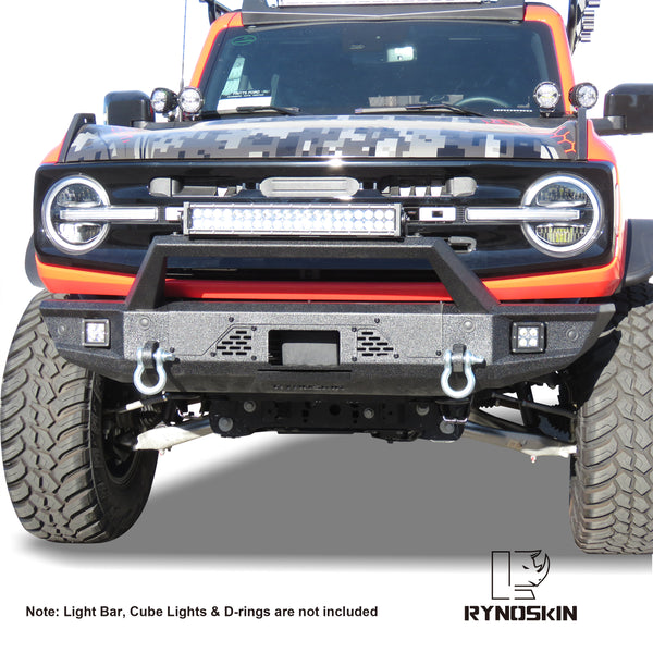 RYNOSKIN Front Bumper Fit 2021-2024 Ford Bronco Off-Road All Steel Bronco Front Bumper Guard Can Add LED Light & D-Rings Heavy Texture Black Powder Finish