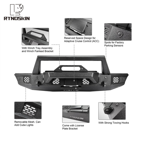 RYNOSKIN Front Bumper for 2021-2024 Ford Bronco Heavy Duty Off-Road Front Bumper Guard with Winch Bracket Work with OE ACC & Parking Sensors Can Add LED Lights Heavy Textured Black Powder Finish