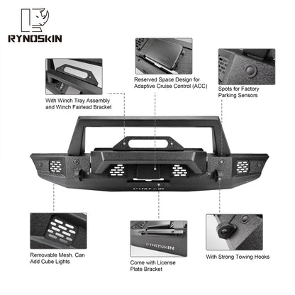 RYNOSKIN Front Bumper for 2021-2023 Ford Bronco Heavy Duty Off-Road Front Bumper Guard with Winch Bracket Work with OE ACC & Parking Sensors Can Add LED Lights Heavy Textured Black Powder Finish