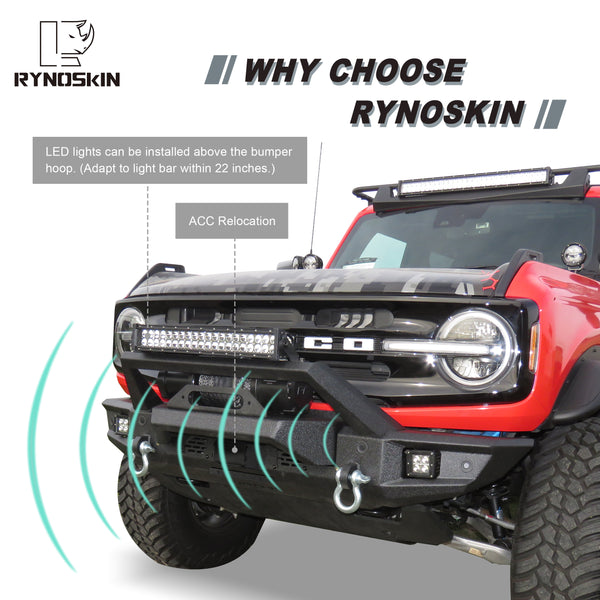 RYNOSKIN Front Bumper for 2021-2024 Ford Bronco Heavy Duty Off-Road Front Bumper Guard with Winch Bracket Work with OE ACC & Parking Sensors Can Add LED Lights Heavy Textured Black Powder Finish