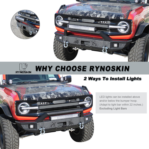 RYNOSKIN Front Bumper Fit 2021-2024 Ford Bronco Off-Road All Steel Bronco Front Bumper Guard Can Add LED Light & D-Rings Heavy Texture Black Powder Finish