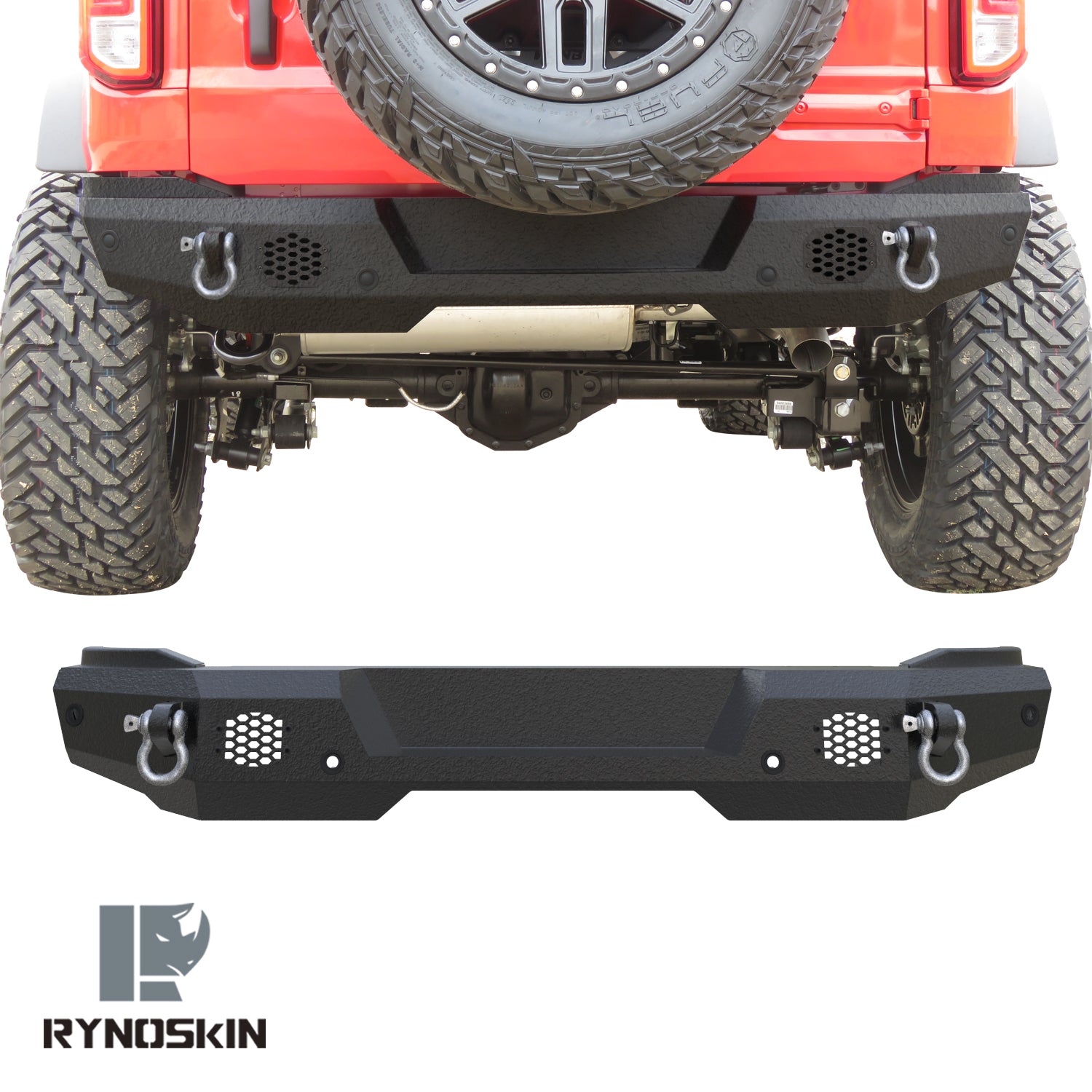 RYNOSKIN Rear Bumper Fit 2021-2024 Ford Bronco (Exclude Bronco Sport) Heavy Duty Off-Road Mid Width Back Bumper Guard Heavy Texture Black