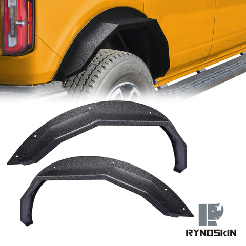 RYNOSKIN Rear Fender Flares Compatible with 2021-2024 Ford Bronco 4 Door Heavy Duty Carbon Steel Off-Road Flat Wheel Fenders Textured Black Side Protections (Only for Bronco 4 Door Rear Wheel 2PCS)