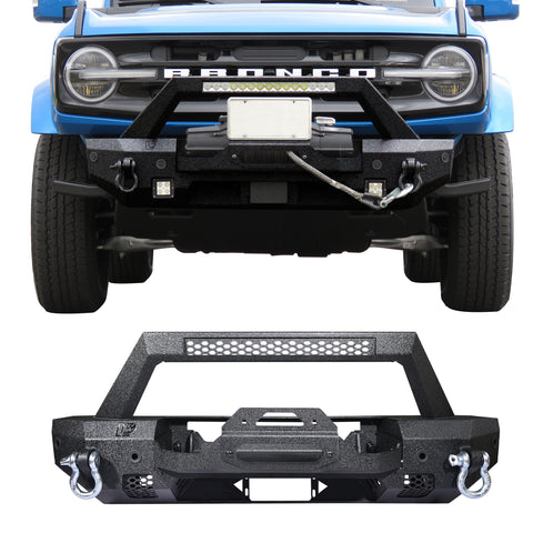 RYNOSKIN Front Bumper Compatible with 2021-2024 Ford Bronco Heavy Duty Off-Road Bull Bar Heavy Textured Black Armor with D-rings & Winch Frame Work with OE ACC and Parking Sensors Can Add LED Lights