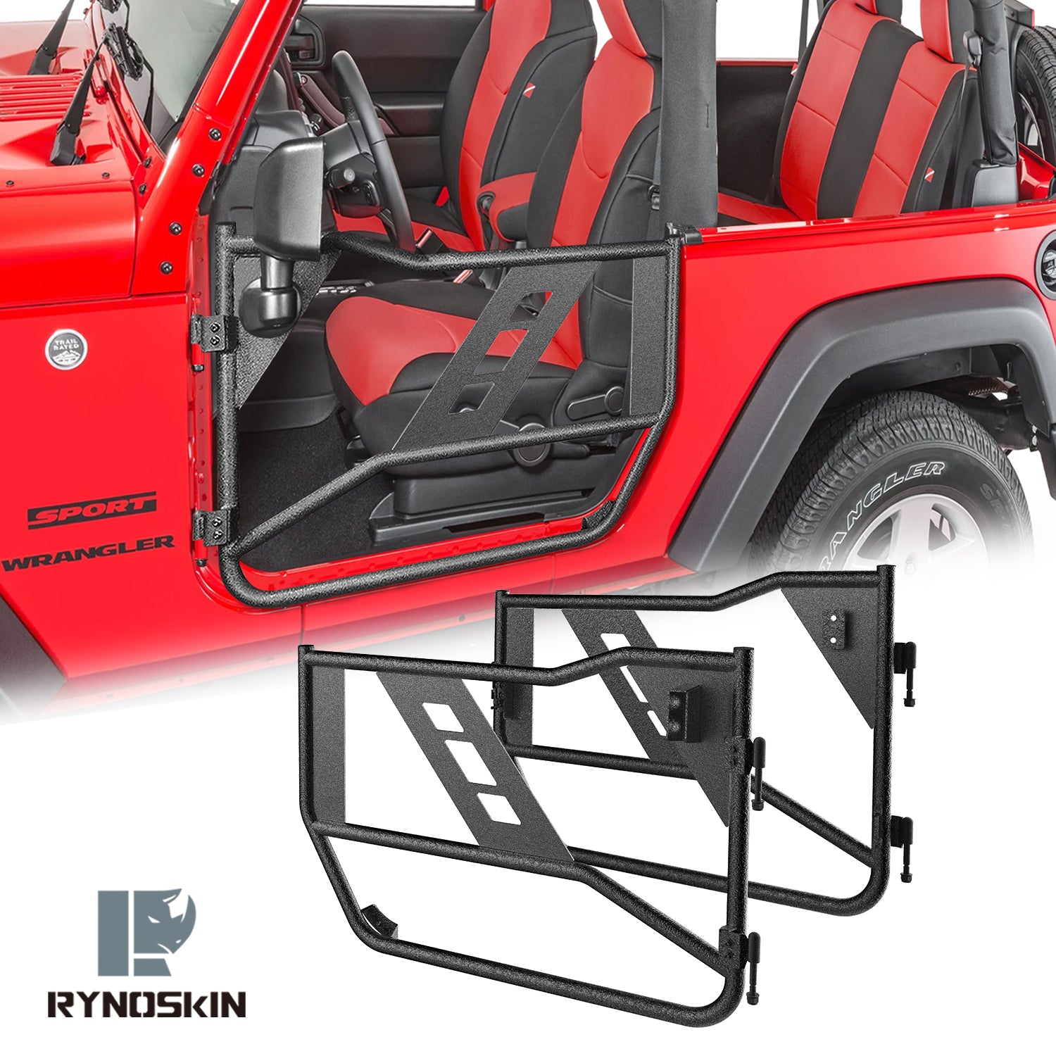 RYNOSKIN Front Tube Doors Compatible with 2007-2018 Jeep Wrangler JK 2 Door Only (exclude Wrangler JL & JT Models) Off Road jeep doors | Textured Black | with Mirror Mount | Front Doors 2 pcs Set