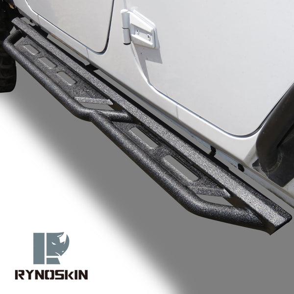 RYNOSKIN Running Boards Fits 2007-2018 Jeep Wrangler JK 4 Door Heavy Duty Off Road Side Steps Steel Nerf Bars Step Rails Fine Texture Black