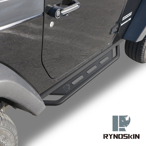 RYNOSKIN Running Boards Fits 2007-2018 Jeep Wrangler JK 2 Door Heavy Duty Off Road Side Steps Steel Nerf Bars Step Rails Fine Texture Black