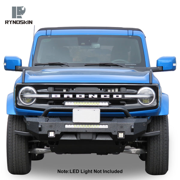 RYNOSKIN Front Bumper Compatible with 2021-2024 Ford Bronco Heavy Duty Off-Road Bull Bar Heavy Textured Black Armor Brush Guard Work with OE ACC and Parking Sensors Can Add LED Lights