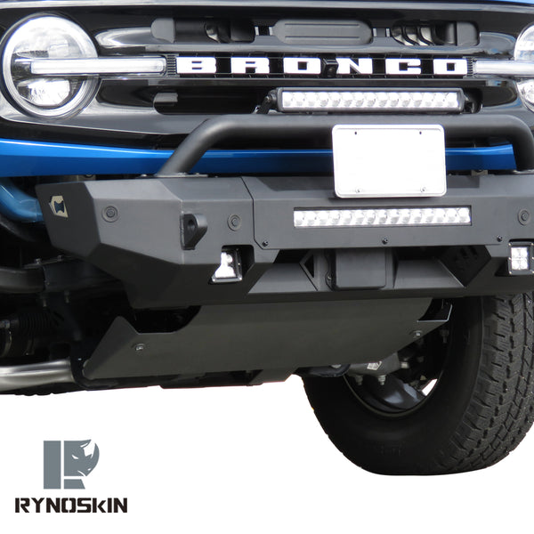 RYNOSKIN Front Bumper Skid Plate Compatible with 2021-2024 Ford Bronco Heavy Duty Carbon Steel Off-Road Bumper Lower Protector Cover Fine Textured Black Armor Accessories