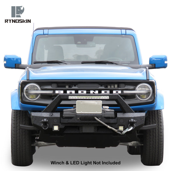 RYNOSKIN Front Bumper Compatible with 2021-2024 Ford Bronco Heavy Duty Off-Road Bull Bar Heavy Textured Black Armor with D-rings & Winch Frame Work with OE ACC and Parking Sensors Can Add LED Lights