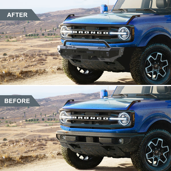 RYNOSKIN Front Bumper Compatible with 2021-2024 Ford Bronco Heavy Duty Off-Road Bull Bar Heavy Textured Black Armor Brush Guard Work with OE ACC and Parking Sensors Can Add LED Lights