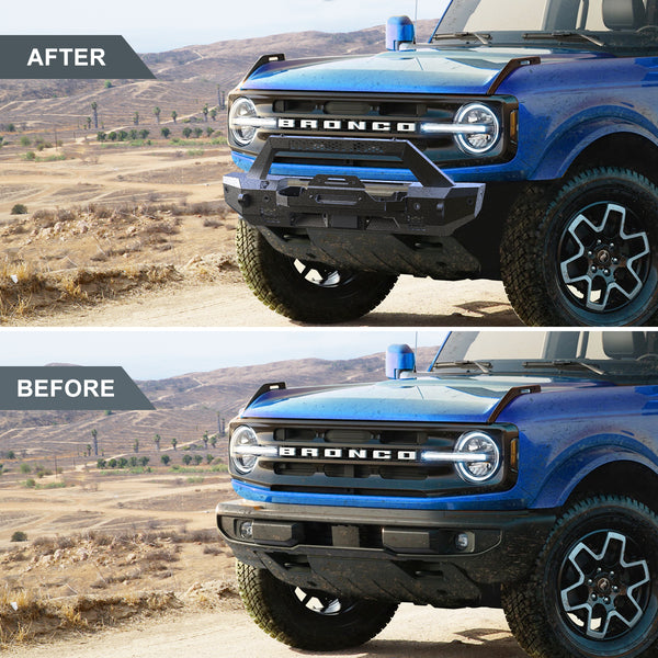 RYNOSKIN Front Bumper Compatible with 2021-2024 Ford Bronco Heavy Duty Off-Road Bull Bar Heavy Textured Black Armor with D-rings & Winch Frame Work with OE ACC and Parking Sensors Can Add LED Lights