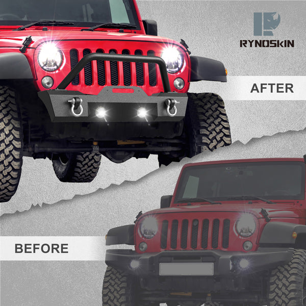 RYNOSKIN Stubby Front Bumper fit for 2007-2018 Jeep Wrangler JK | 2018-2024 Jeep Wrangler JL (Excl. Rubicon/plug-in hybrid models/2021-2024 V8 engine)|2020-2024 Jeep Gladiator(Excl. Mojave trim)