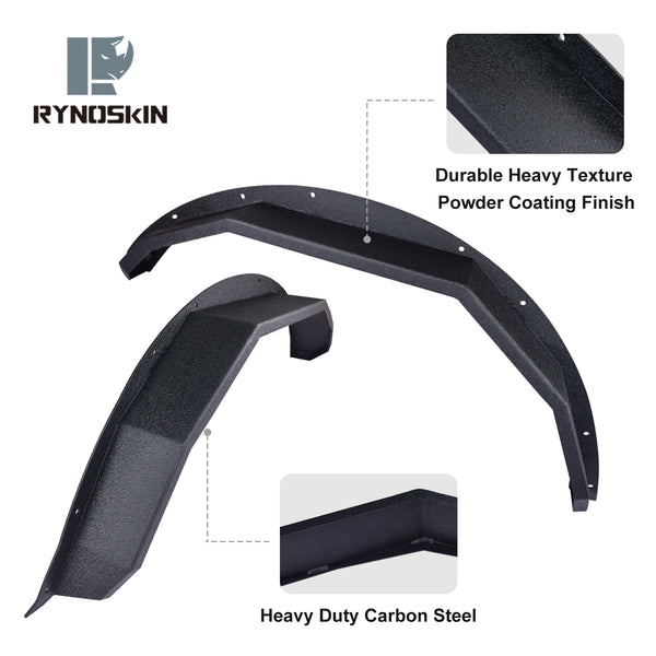 RYNOSKIN Front Fender Flares Compatible with 2021-2024 Ford Bronco 2 Door & 4 Door Heavy Duty Carbon Steel Off-Road Flat Wheel Fenders Heavy Textured Black Side Protections (Only for Front Wheel 2PCS)