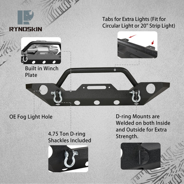 RYNOSKIN Standard Width Front Bumper fit for 2007-2018 Jeep Wrangler JK | 2018-2024 Jeep Wrangler JL (Excl. Rubicon/plug-in hybrid models/2021-2024 V8 engine)|2020-2024 Jeep Gladiator(Excl. Mojave trim)