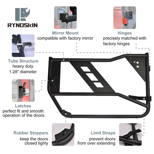 RYNOSKIN Tube Doors Compatible with 2007-2018 Jeep Wrangler JK 4 Door Only (exclude JL & JT Models) | Off Road jeep doors | Textured Black | with Mirror Mount | Front & Rear Doors 4 pcs Set