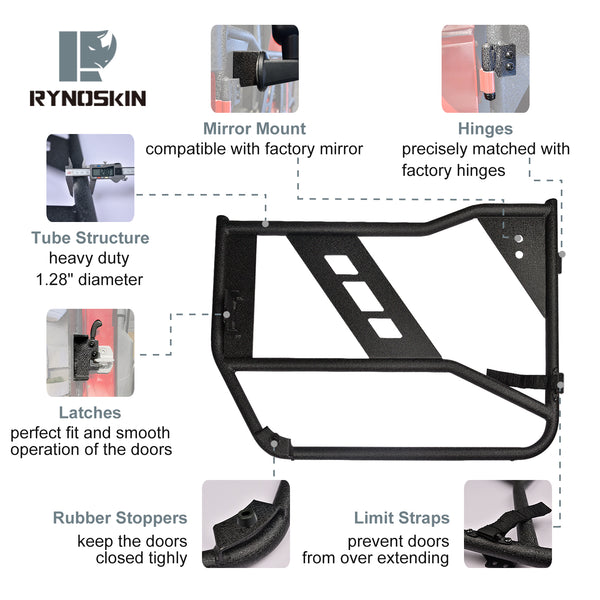 RYNOSKIN Front Tube Doors Compatible with 2007-2018 Jeep Wrangler JK 2 Door Only (exclude Wrangler JL & JT Models) Off Road jeep doors | Textured Black | with Mirror Mount | Front Doors 2 pcs Set