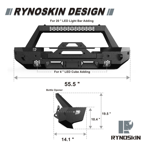 RYNOSKIN Front Bumper Compatible with 2021-2024 Ford Bronco Heavy Duty Off-Road Bull Bar Heavy Textured Black Armor with D-rings & Winch Frame Work with OE ACC and Parking Sensors Can Add LED Lights