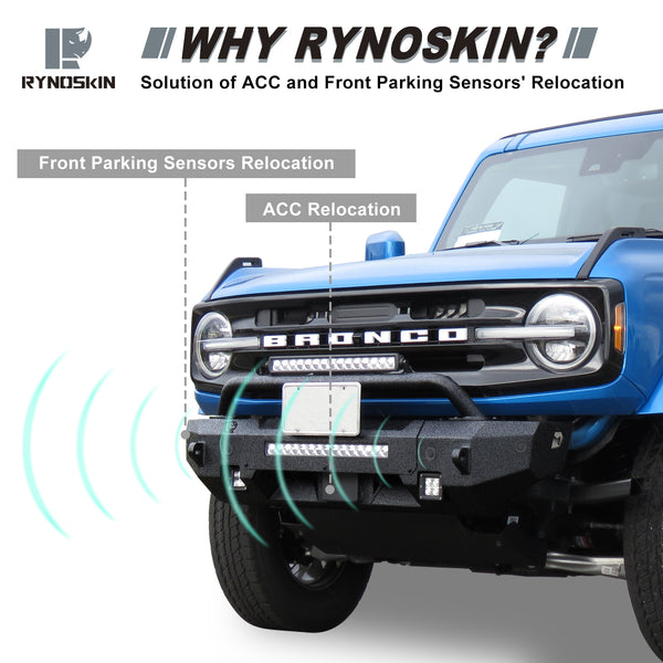 RYNOSKIN Front Bumper Compatible with 2021-2024 Ford Bronco Heavy Duty Off-Road Bull Bar Heavy Textured Black Armor Brush Guard Work with OE ACC and Parking Sensors Can Add LED Lights