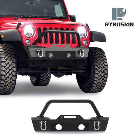 RYNOSKIN Stubby Front Bumper fit for 2007-2018 Jeep Wrangler JK | 2018-2024 Jeep Wrangler JL (Excl. Rubicon/plug-in hybrid models/2021-2024 V8 engine)|2020-2024 Jeep Gladiator(Excl. Mojave trim)